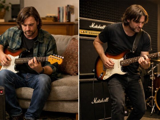 Guitarist in livingroom and studio