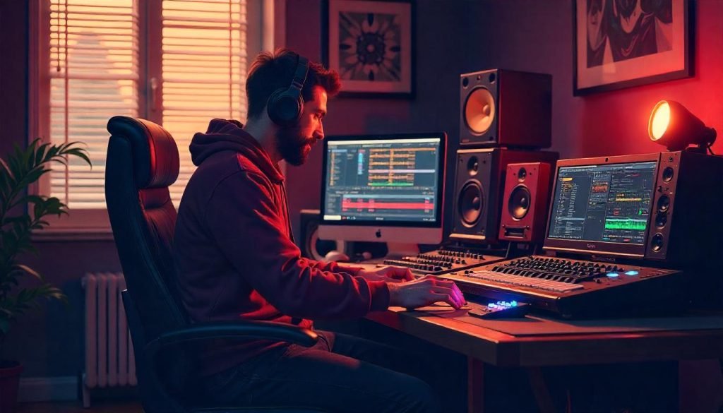 Music producer using logic in home studio