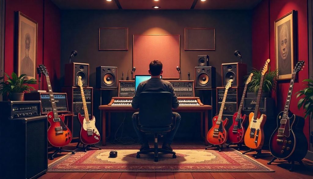 Producer in home studio with a lot of expensive gear